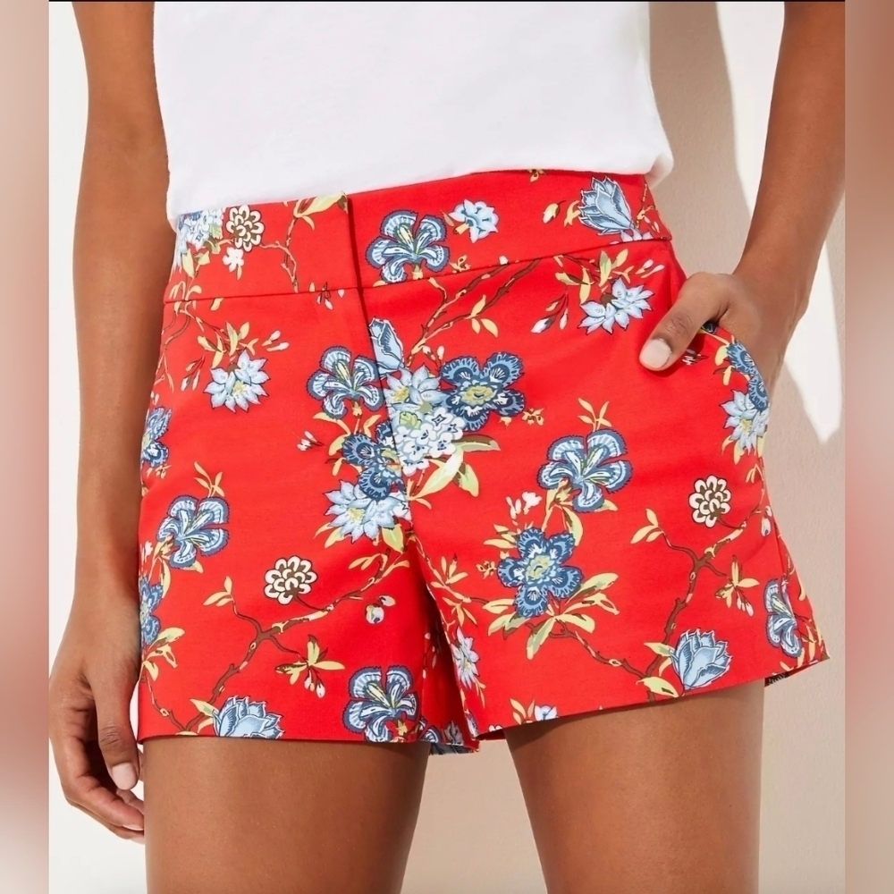 LOFT, Vine Riviera Shorts with 4 Inch Inseam, Bright Red Floral, Size 4